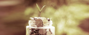 a jar of coins sprouting a growing plant